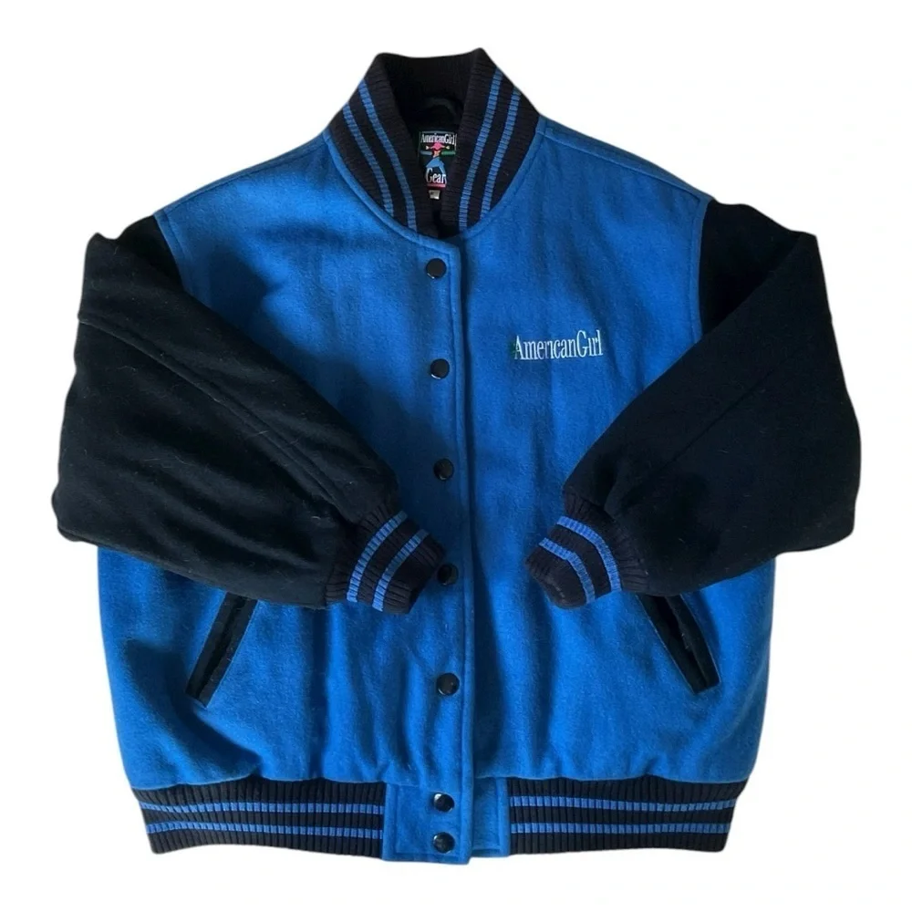 American Girl Gear Varsity Jacket Blue Black Wool Snap Bomber Sz S